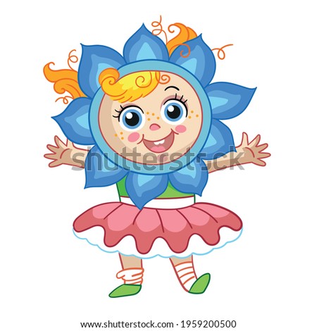 Cute little girl with headgear in forme of flower. Cartoon character. Vector isolated illustration. For print and design, posters, nursery design, cards, stickers, decor, party, t-shirt, kids apparel
