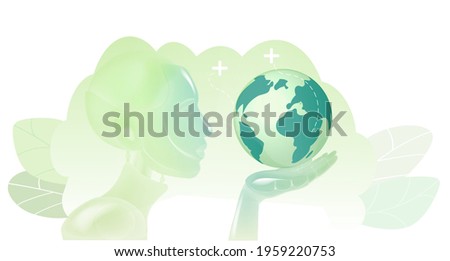 World Environment Day. Girl holds planet on her hand. Enviroment protection. Vector stock illustration. Background with plants. Robot girl. Royalty-Free Stock Photo #1959220753