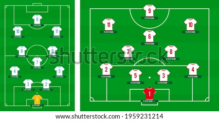 2022 world Football team formation. Soccer or football field with 11 shirt with numbers vector illustration. soccer lineup Royalty-Free Stock Photo #1959231214