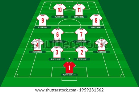 Football team formation. World Soccer or football field with 11 shirt with numbers vector illustration. soccer lineup Royalty-Free Stock Photo #1959231562