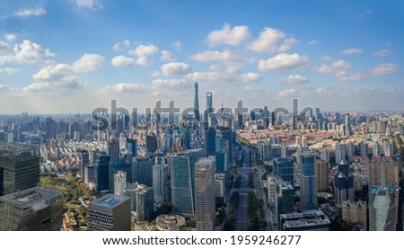 The drone aerial view of Lujiazui, Pudong, Shanghai.