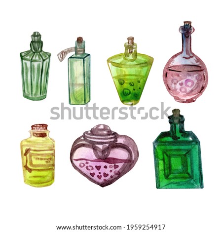 watercolor bottles with magic potions, seven different isolated elements on white background