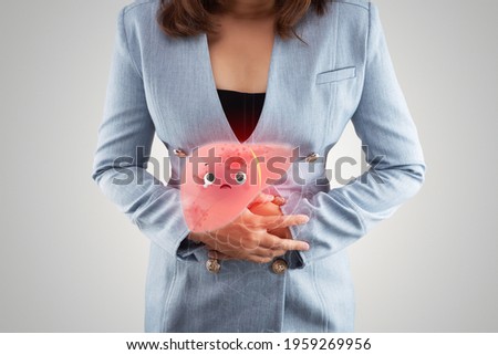 Illustration sick liver on woman's body against gray background, Hepatitis, Concept with healthcare and medicine Royalty-Free Stock Photo #1959269956