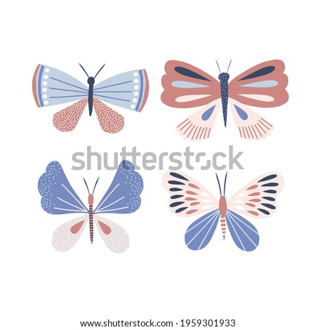 Whimsy ornate decorative butterfly vector illustration set. Floral moth clip art collection isolated on white. Modern folksy summer wings kid design for card making, scrapbook, t-shirt print
