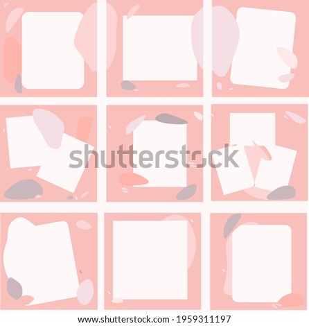 A set of square editable banner templates. Pink and soft purple background with texture of different shapes. Suitable for social media posts and web advertising on the Internet. Vector illustration