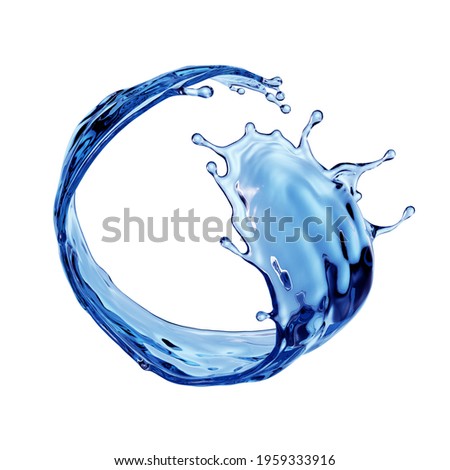 3d render, blue water splash clip art isolated on white background. Round liquid shape, splashing wave.