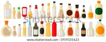 Illustration on theme big kit varied glass bottles filled thick sauce mayonnaise. Bottles consisting from sauce mayonnaise, empty labels for titles. Sauce mayonnaise in full bottles with plastic cork. Royalty-Free Stock Photo #1959335623