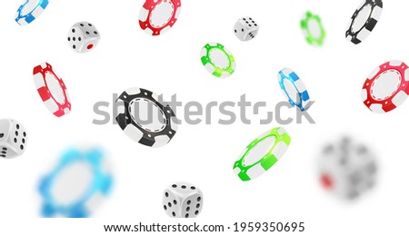 Falling red, green, blue, black poker chips, tokens, silver dices,  on white background. Vector illustration for casino, game design, advertising.