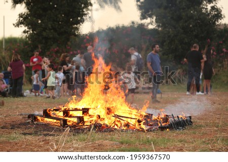 Pictures of Lag Ba Omer celebration  22 may 2019, Kfar Saba, Israel.  Chuldren lighting  bonfires at Jewish holiday of Lag Baomer, The day of commemorate the death of Rabbi Shimon Bar Yochai 