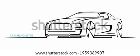 Muscle car silhouette isolated on white background. Sports car contour, logo design. Three-quarter view. Vector illustration.