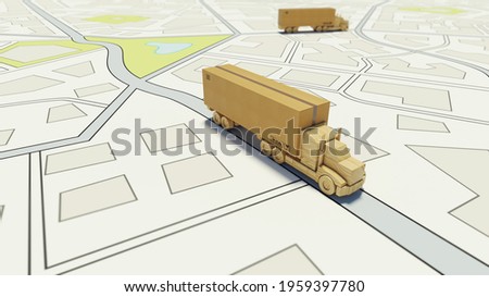Big cardboard box package on a wooden toy truck ready to be delivered on a road map Royalty-Free Stock Photo #1959397780