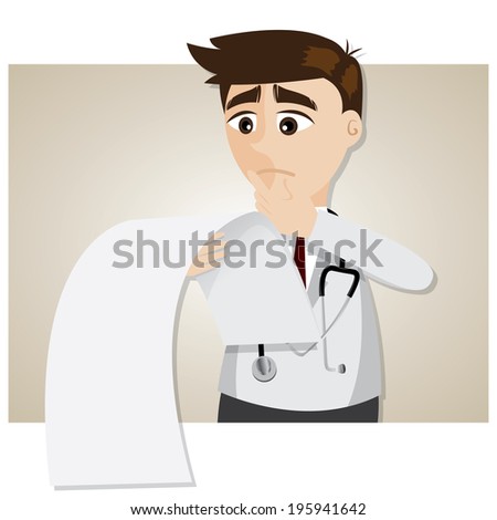 illustration of cartoon doctor reading patient information and diagnose