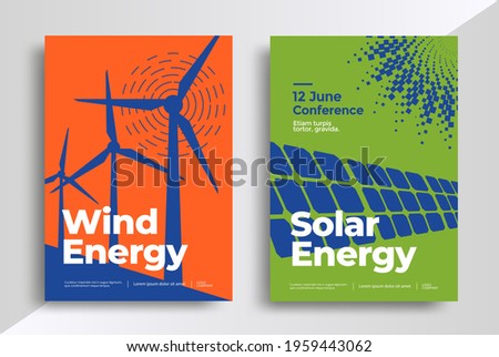 Wind and Solar energy poster design template. Flyers with renewable energy illustrations, solar panels, and wind generators. Vector Royalty-Free Stock Photo #1959443062