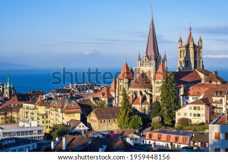 Lausanne city, view of the historical gothic Cathedral, Old town roofs and Lake Geneva, Switzerland Royalty-Free Stock Photo #1959448156
