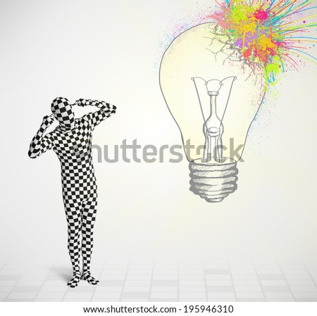 3d human character is body suit morphsuit looking at abstract colorful lightbulb