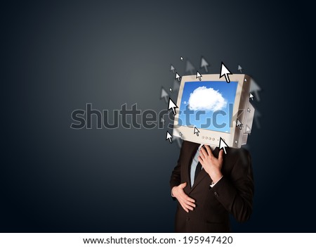 Business man with a monitor on his head, cloud system and pointers on the screen on a dark background
