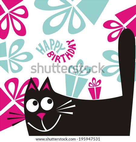 Happy birthday greeting card cat and gifts vector illustration