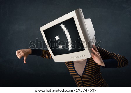 Funny girl with a monitor box on her head and a smiley face at the display
