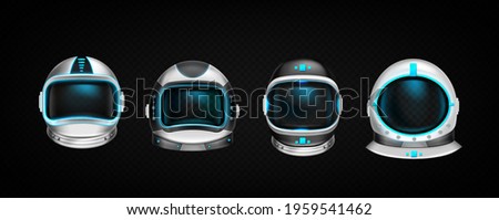 Astronaut helmets, cosmonaut space suit front view isolated mockup on black background. Pilot costume headwear with neon glow elements and dark glass with light reflection, Realistic 3d vector set