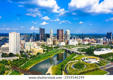 Aerial view of Downtown Columbus Ohio with Scioto river Royalty-Free Stock Photo #1959546199