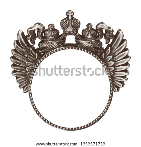 Silver frame with heraldic eagle and crown for paintings, mirrors or photo isolated on white background. Design element with clipping path