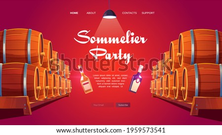 Sommelier party cartoon landing page. Wine shop, cellar interior with wooden barrels and glass bottles with winery production and glow lamp. Alcohol beverage store promo, Cartoon vector web banner Royalty-Free Stock Photo #1959573541