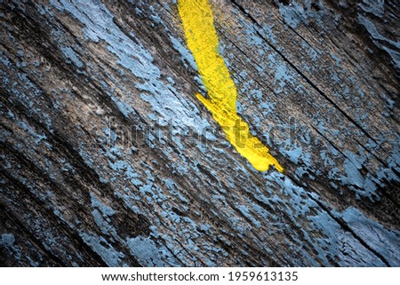 Weathered Blue  Wooden Background With Yellow Line, Decayed Structure With Fresh Color Intervention.