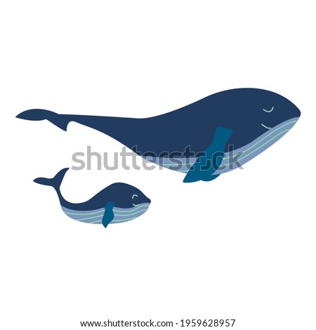 Mother blue whale with a small child swim calmly and happily. Mothers Day. Colorful vector isolated illustration hand drawn. Wildlife, mammal from ocean, family