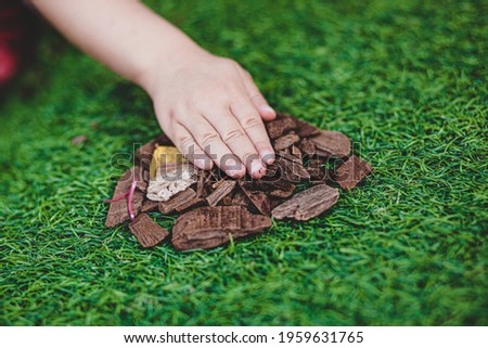 hand of a five-year-old girl playing with pieces of wood and stones on the grass