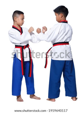 Black Red Belt TaeKwonDo Karate Kid athlete young teenager show traditional Fighting poses high round kick in sport uniform dress, studio lighting white background isolated full length profile