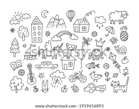 A set of children drawings. Kid doodle. Sun in the clouds, summer flowers and trees, painted houses, cute cat and other black white elements. Vector illustration on white background. Editable stroke