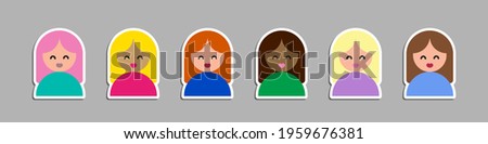 Colorful figures of girls with different colours of skin, hair and clothes, composed in line with shadows, isolated on grey background 