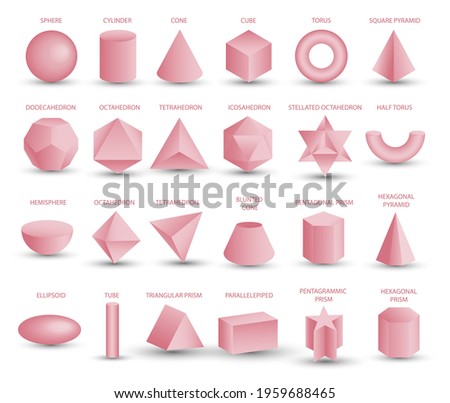 Vector realistic 3D pink geometric shapes isolated on white background. Maths geometrical figure form, realistic shapes model. Platon solid. Icons, logos for education, business, design, game. Royalty-Free Stock Photo #1959688465
