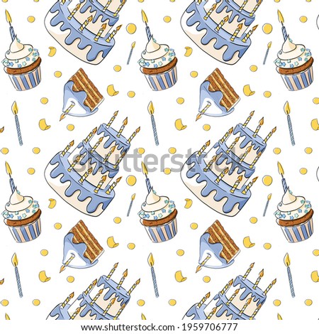 Seamless pattern with festive candles,cupcake and cake. Hand drawn. Candles for a birthday cake.  