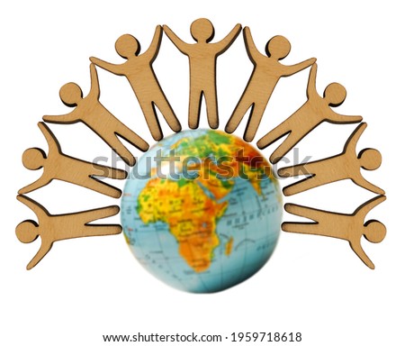 Close up photo of 6  six wooden  human figure standing above  planet isolated on a white background. Hands up. empty blank.  copy space for text. Save out planet concept. team work.