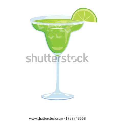 Margarita drink with lime illustration. Alcoholic cocktail icon. Glass of margarita illustration. Green tequila drink icon isolated on a white background
