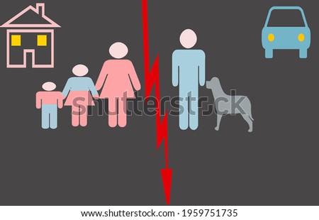 Against a gray background, a man and a dog stand on one side, a car above. On the second side there is a woman, a girl and a boy, at the top is a house. A red arrow separates them. 