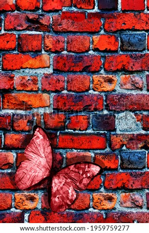 red butterfly on a brick wall. A postcard with a moth. vertical frame. cover for the notebook. High quality photo