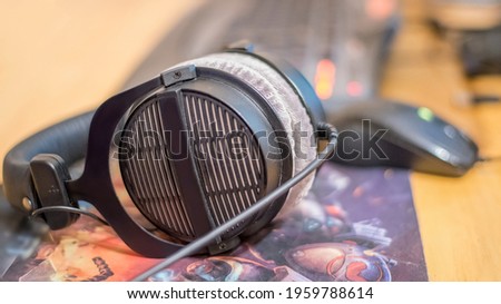 Close up professional headphones for music studio and computer games