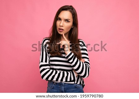 Closeup photo of amazing thoughtful beautiful young woman deep thinking creative female person holding arm on chin wearing stylish outfit isolated on colorful background with copy space
