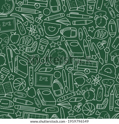 school seamless pattern on green background decorated with hand drawn doodles supplies for wrspping paper, packaging, textile prints, stationary decor, etc. EPS 10