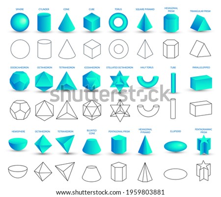 Set of vector realistic 3D blue geometric shapes isolated on white background. Mathematics of geometric shapes, linear objects, contours. Platonic solid. Icons, logos for education, business, design Royalty-Free Stock Photo #1959803881