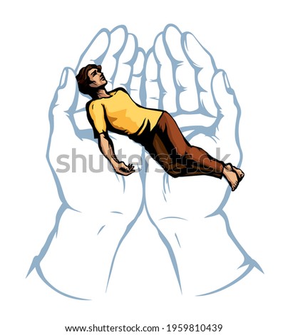 Close up unwell ill sad victim male young teen boy child body believ plead devote arm. Holy Lord bless belief aid catch down safety relax rest drawn guy show line art cartoon bible sketch vector style