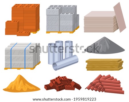 Building materials. Construction industry bricks, cement, wooden planks and metal pipes vector illustration set. Building insulation roofing material. Construction wooden material, block to building Royalty-Free Stock Photo #1959819223