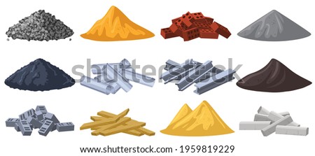 Construction materials. Building material piles, gravel, sand, bricks and crushed stone piles. Heaps of building materials vector illustration set. Pile gravel, concrete and brick, gypsum and block Royalty-Free Stock Photo #1959819229