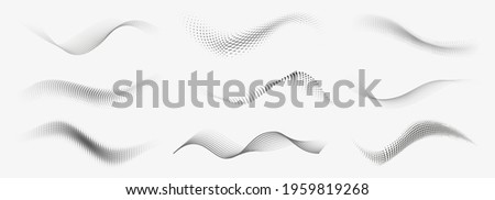 Dotted halftone waves. Abstract liquid shapes, wave effect dotted gradient texture waves isolated vector symbols set. Halftone graphic dots waves. Wave dotted halftone, creative shape abstract Royalty-Free Stock Photo #1959819268