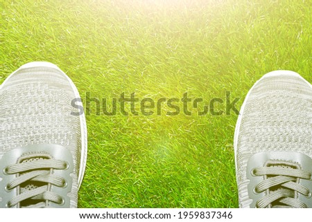 Big picture for the variety. Sneakers on the grass. Sunny glare.