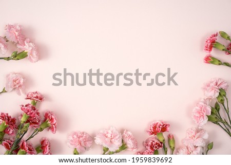 Design concept of Mother's day holiday greeting design with carnation bouquet on pastel pink table background Royalty-Free Stock Photo #1959839692
