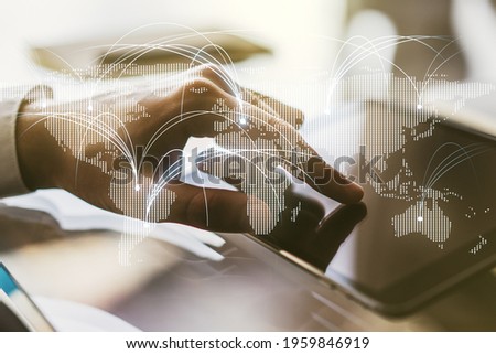 Double exposure of abstract digital world map with connections and finger clicks on a digital tablet on background, research and strategy concept