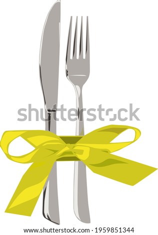 Fork and knife tied with a bow Royalty-Free Stock Photo #1959851344